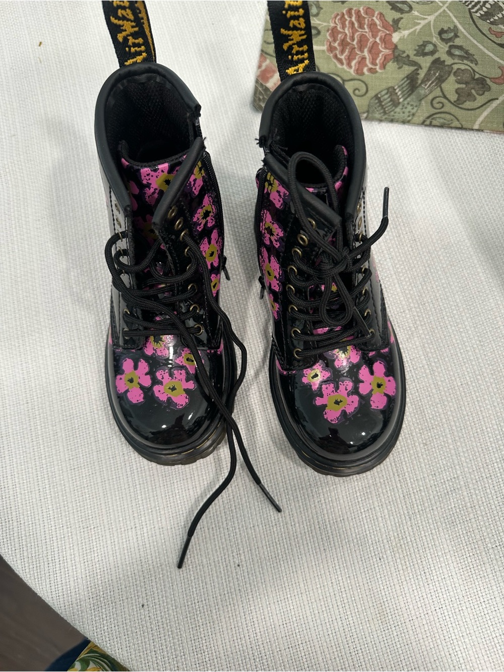 Dr. Martens Black Patent Boots with Pink and Green Floral Accents